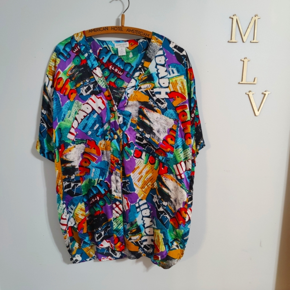 silk 80s oversized luxury V neck regal Hawaii slick button front blouse L - Picture 2 of 9